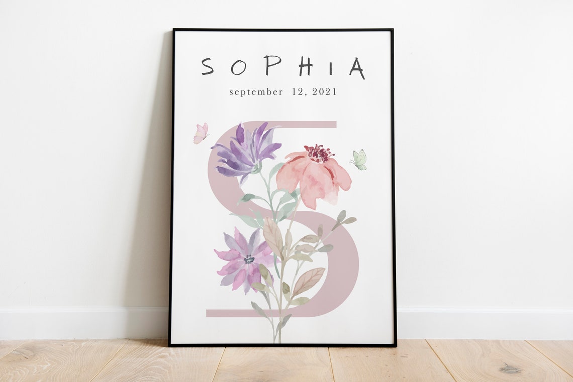 Custom Personalised Watercolour Floral Initial S Nursery Poster