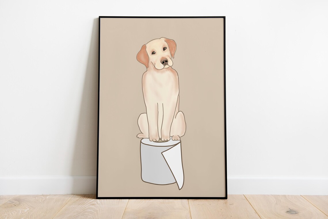 Cute Cream Dog Sitting on Toilet Roll Funny Bathroom Animal Poster
