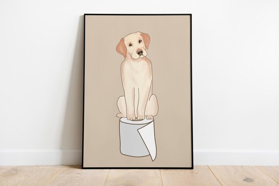 Cute Cream Dog Sitting on Toilet Roll Funny Bathroom Animal Poster