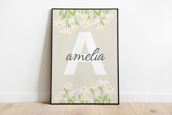 Amelia Custom Personalised Daisy Floral Initial A Nursery Poster