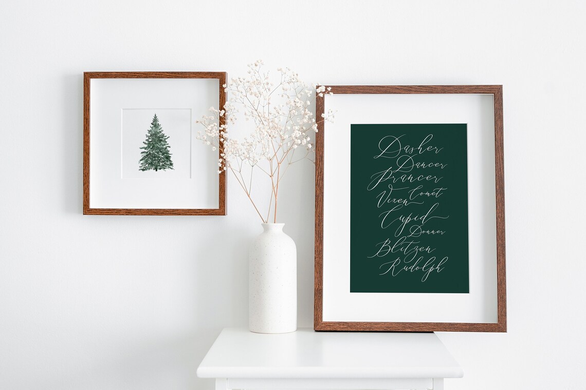 Green Reindeer Vintage Christmas Calligraphy Art Print - Image 2