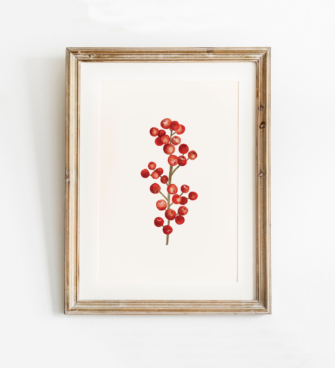 Red Holly Berry Christmas Art Print, Botanical Winter Decor