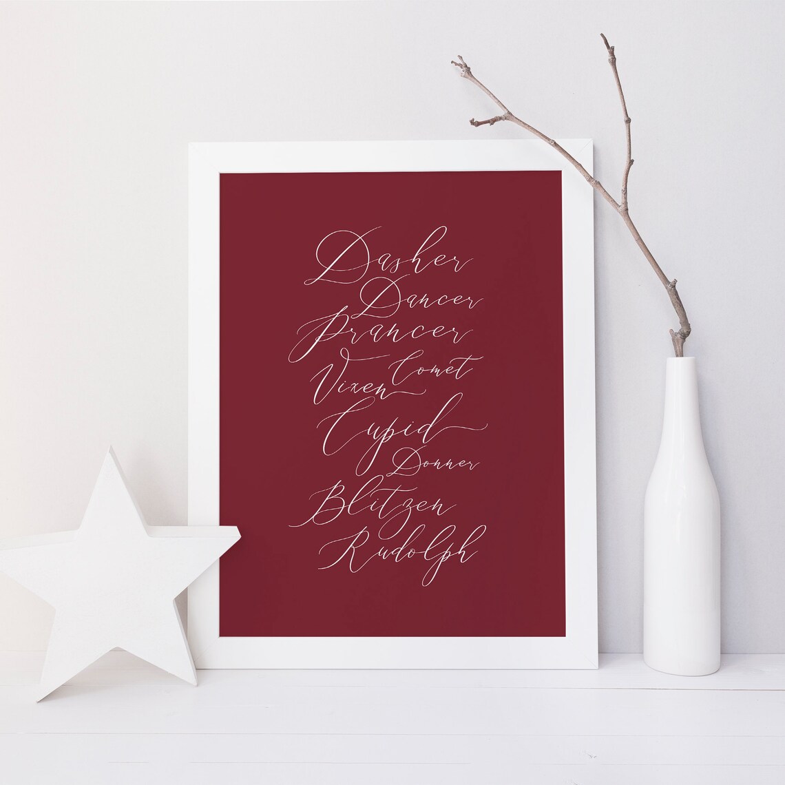 Dark Red Christmas Reindeer Santa Holiday Art Print - Image 2