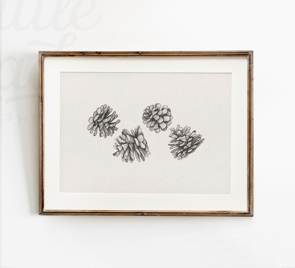 Pinecone Sketch Winter Art Print, Rustic Christmas Decor
