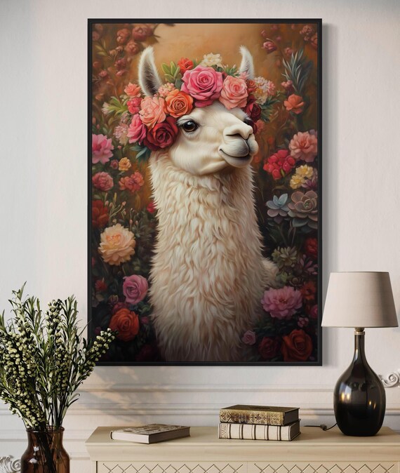 Smiling White Llama Wearing Floral Crown in Blooming Garden Poster