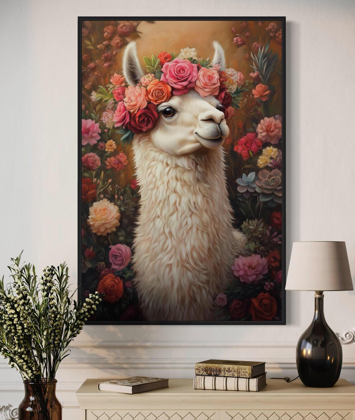 Smiling White Llama Wearing Floral Crown in Blooming Garden Poster