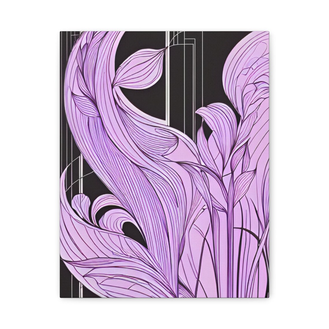 Purple Floral Line Art Black Background Art Nouveau Style Poster