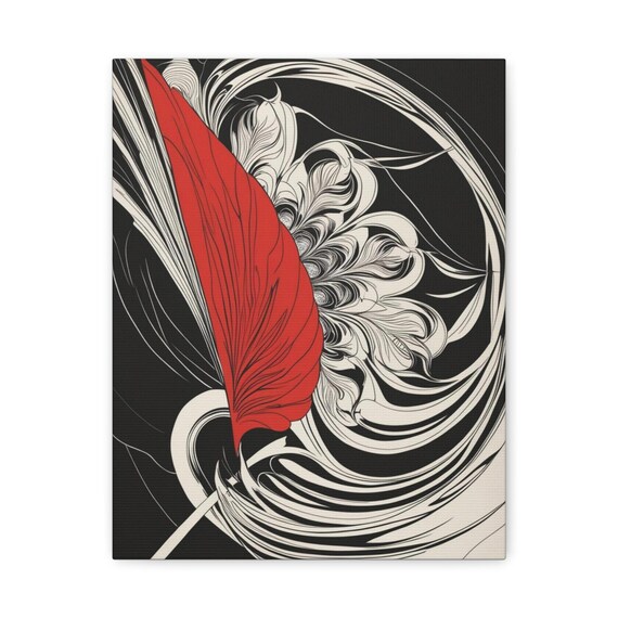 Red Feather on Black and White Swirling Art Nouveau Line Poster