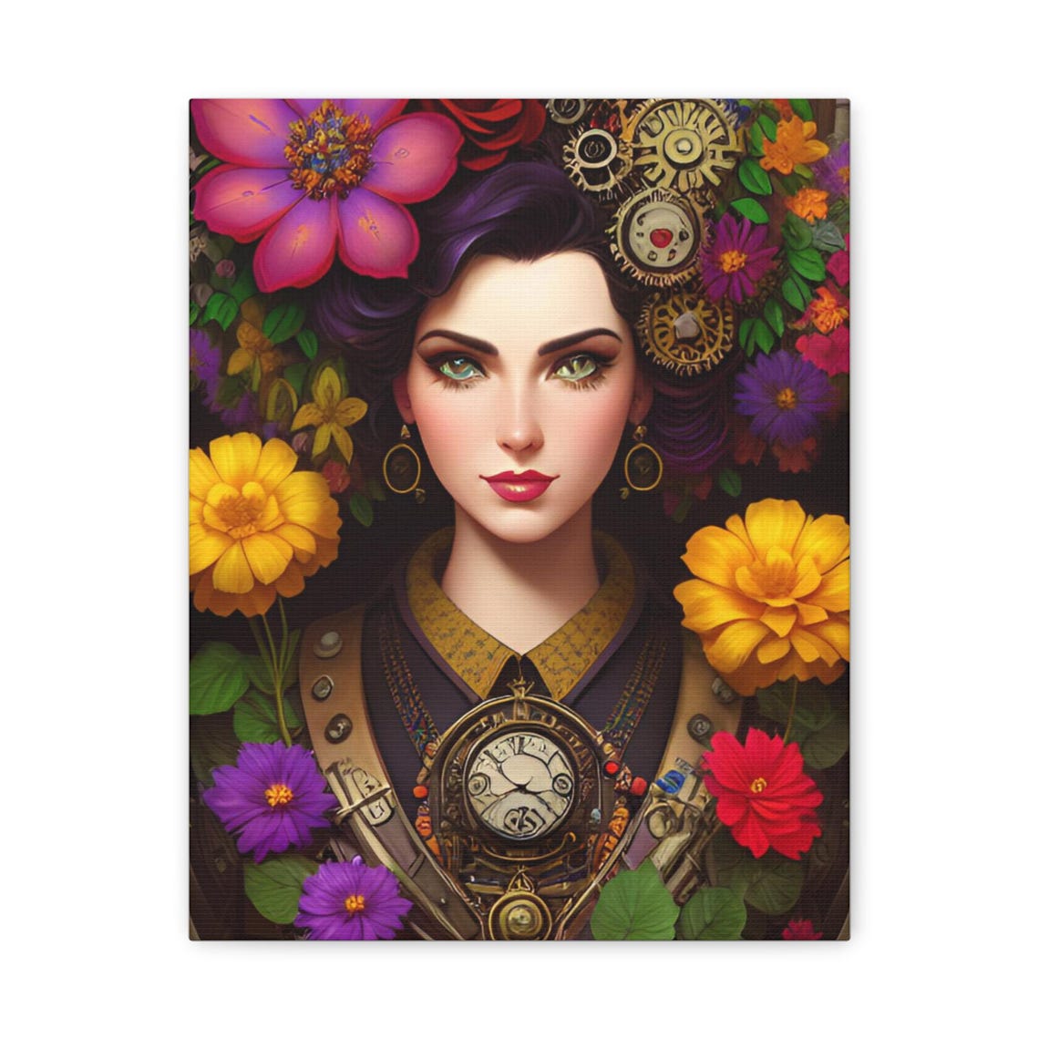 Steampunk Woman Portrait Clockwork Gears Floral Fantasy Art Print