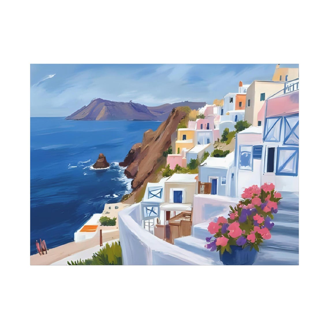 Santorini Seaside Village Pink Flowers Blue Stairs Aegean Poster