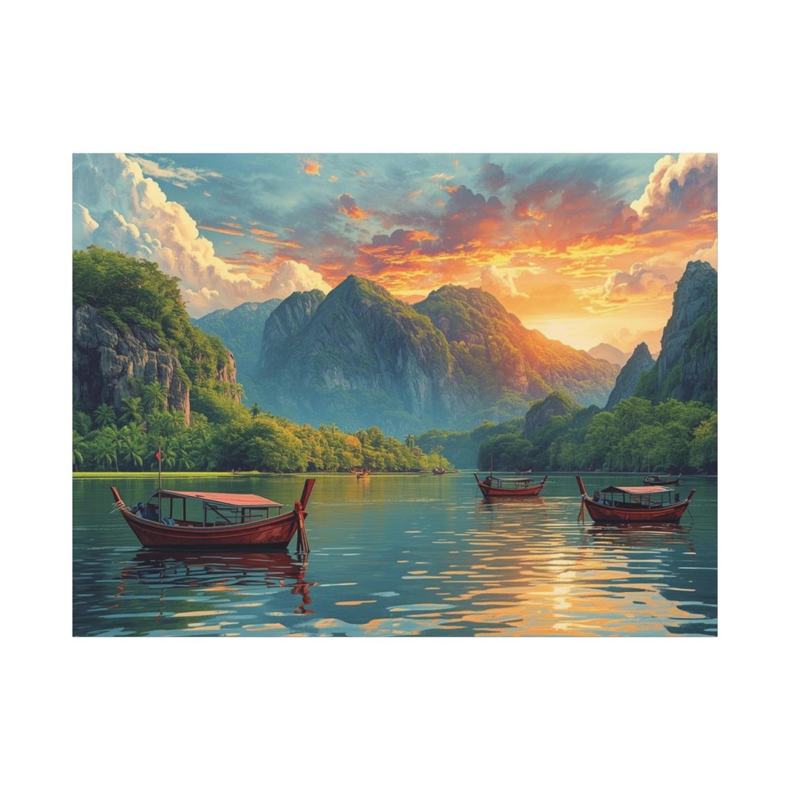 Thailand Sunset Longtail Boats Limestone Karst Seascape Poster
