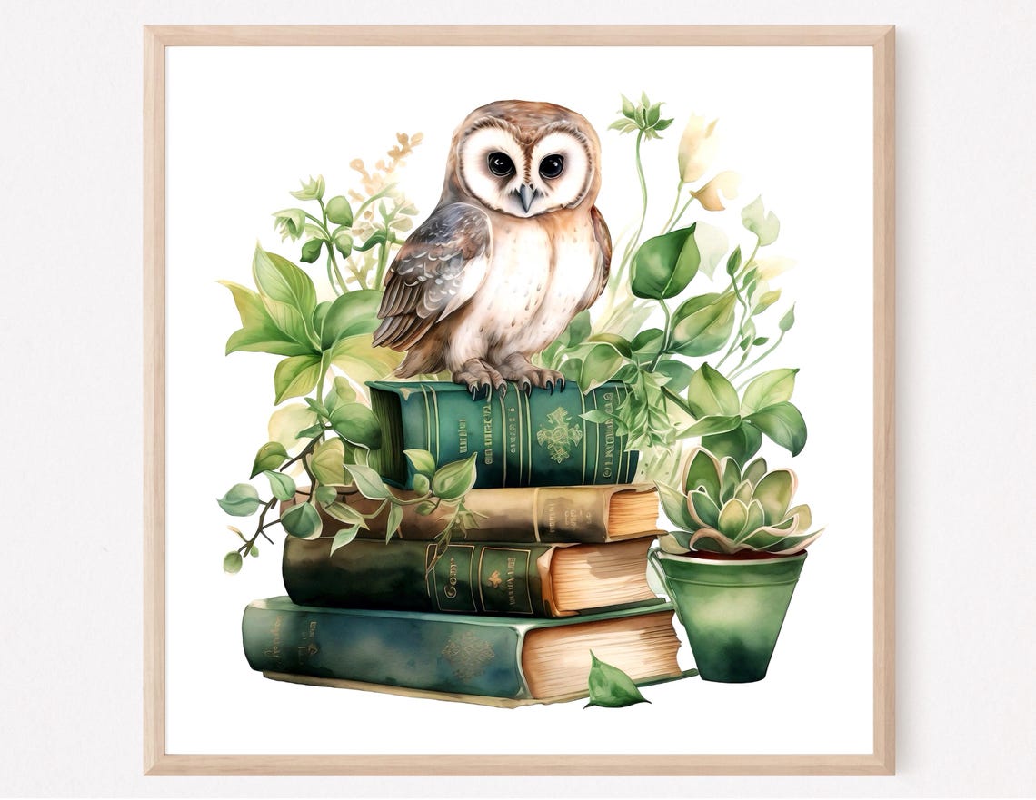 Barn Owl on Stack of Books Botanical Watercolor Bird Art Poster