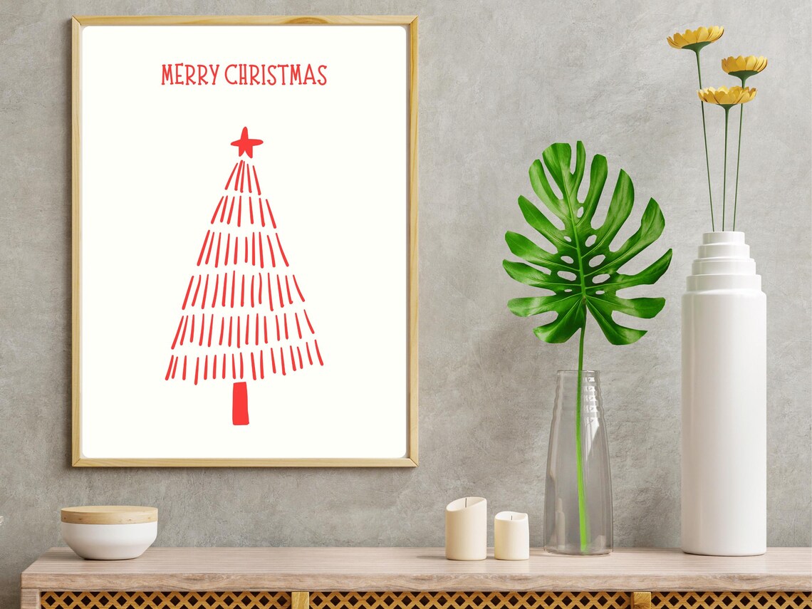 Merry Christmas Red Line Art Tree Minimalist Holiday Poster White
