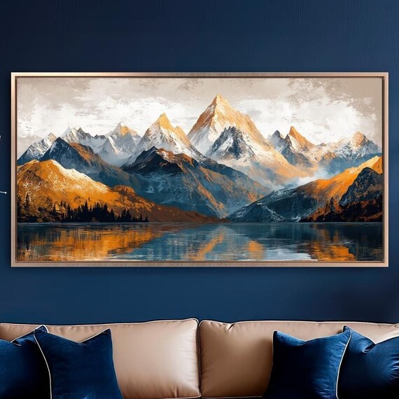 Mountain Lake And Snow Capped Peaks Framed Wall Art Nature Painting Print Landscape Wall Decor Luxury Mountains Poster Ready To Hang