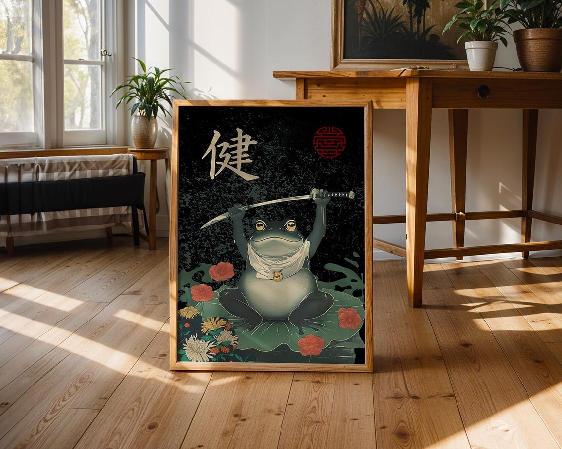 Japanese Sword Frog Samurai Katana Lily Pad Floral Fantasy Art Print