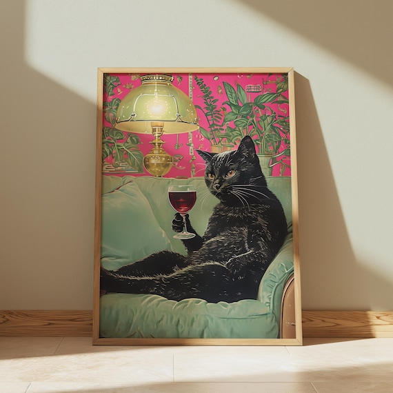 Black Cat Drinking Red Wine on Green Sofa Funny Cat Lover Poster