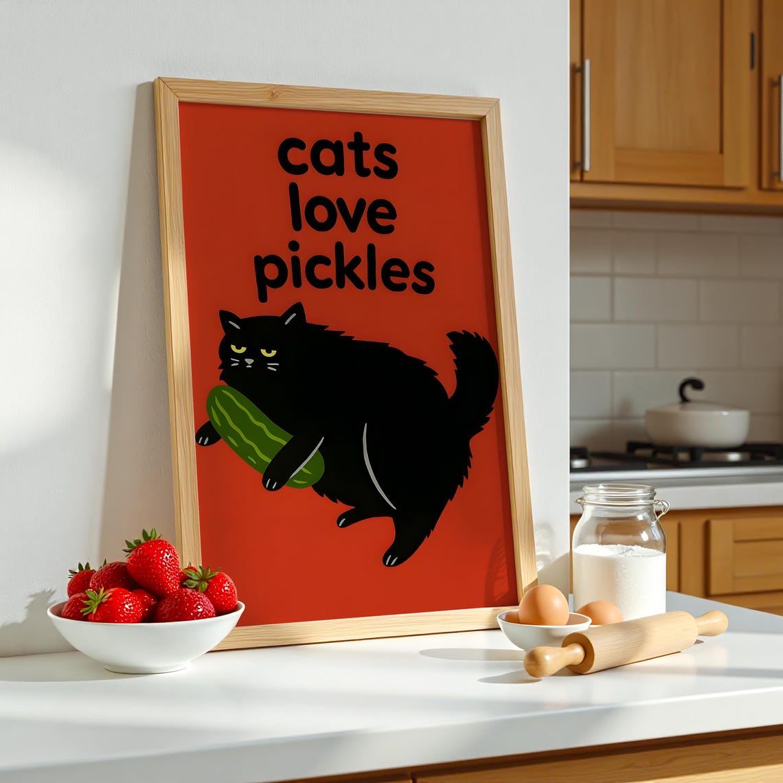 Cats Love Pickles Print Kitchen Poster Funny Cat Wall Art Pickle Decor Gherkins Quirky Black And