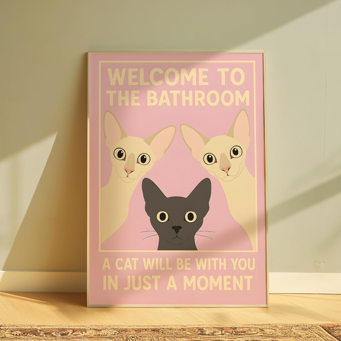 Welcome To The Bathroom Three Siamese Cats Pink Funny Poster