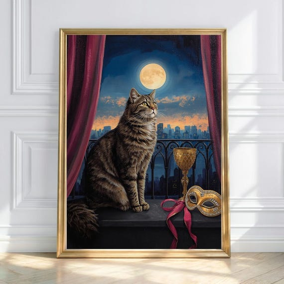 Gothic Cat Art Print Moonlit Masquerade Vintage Glam