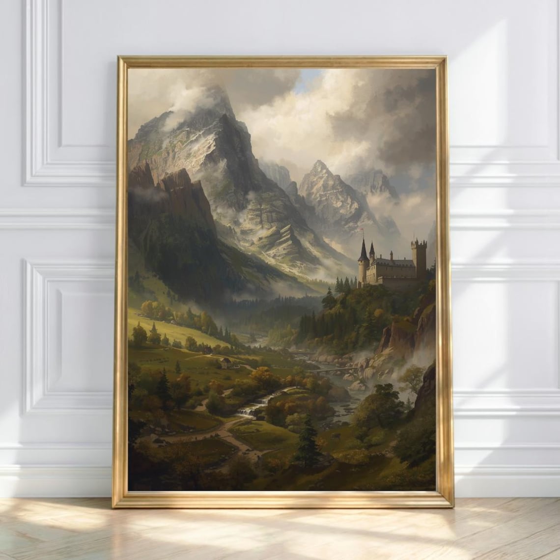 Mountain Fortress Landscape Art Print, Dark Academia