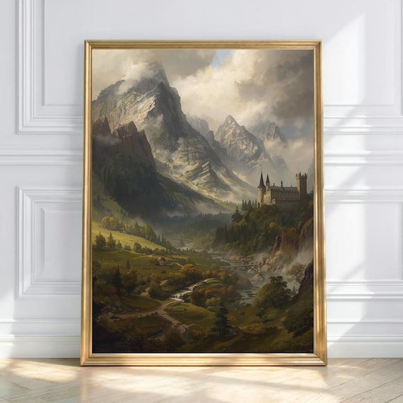 Mountain Fortress Landscape Art Print, Dark Academia