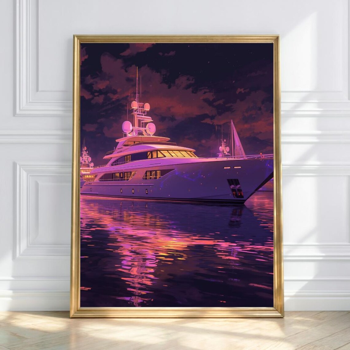 Luxury Yacht at Night Purple Marina Neon Lights Miami Poster