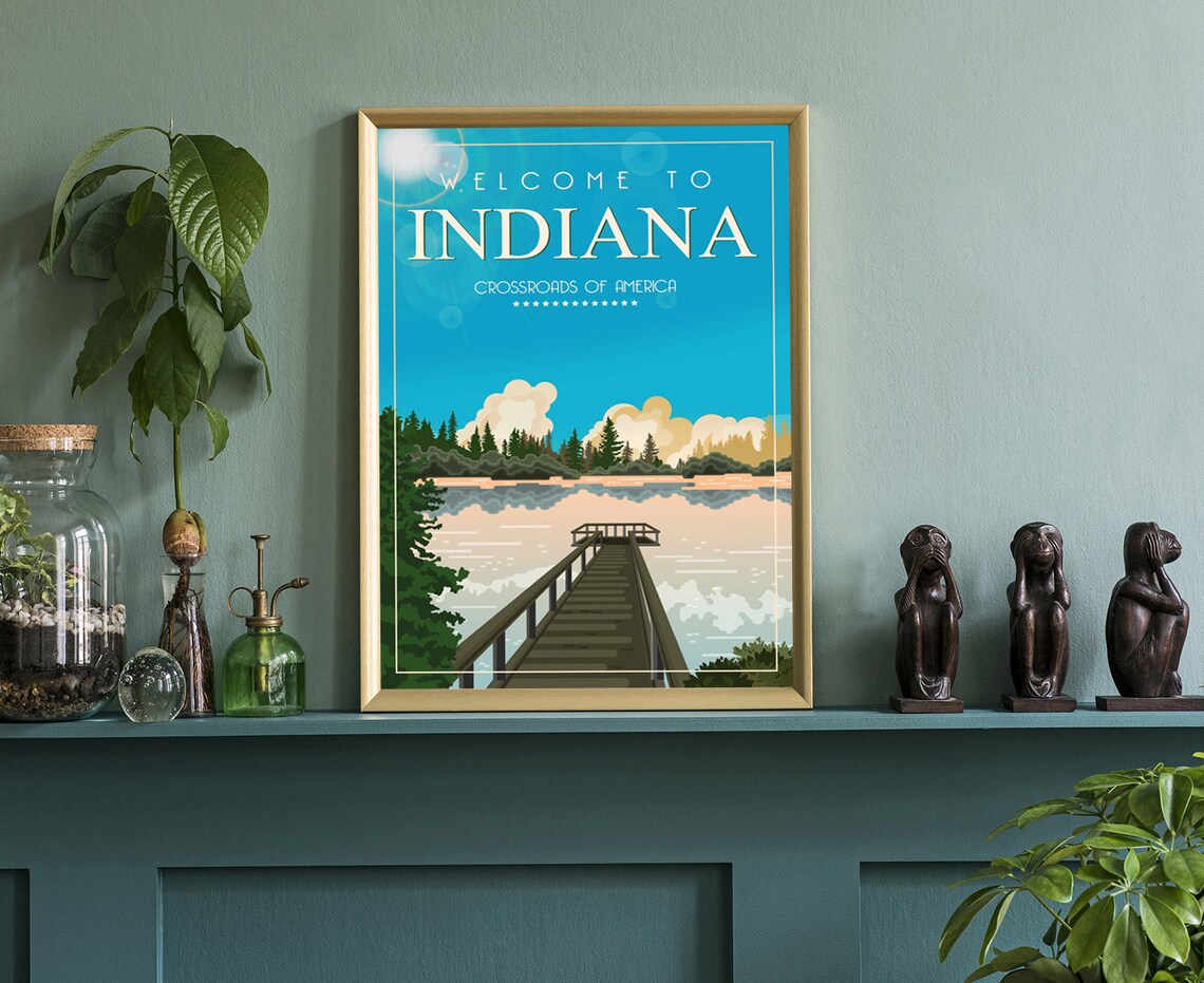 Indiana Crossroads Of America Retro Lake Dock Sunset Travel Poster - Image 3