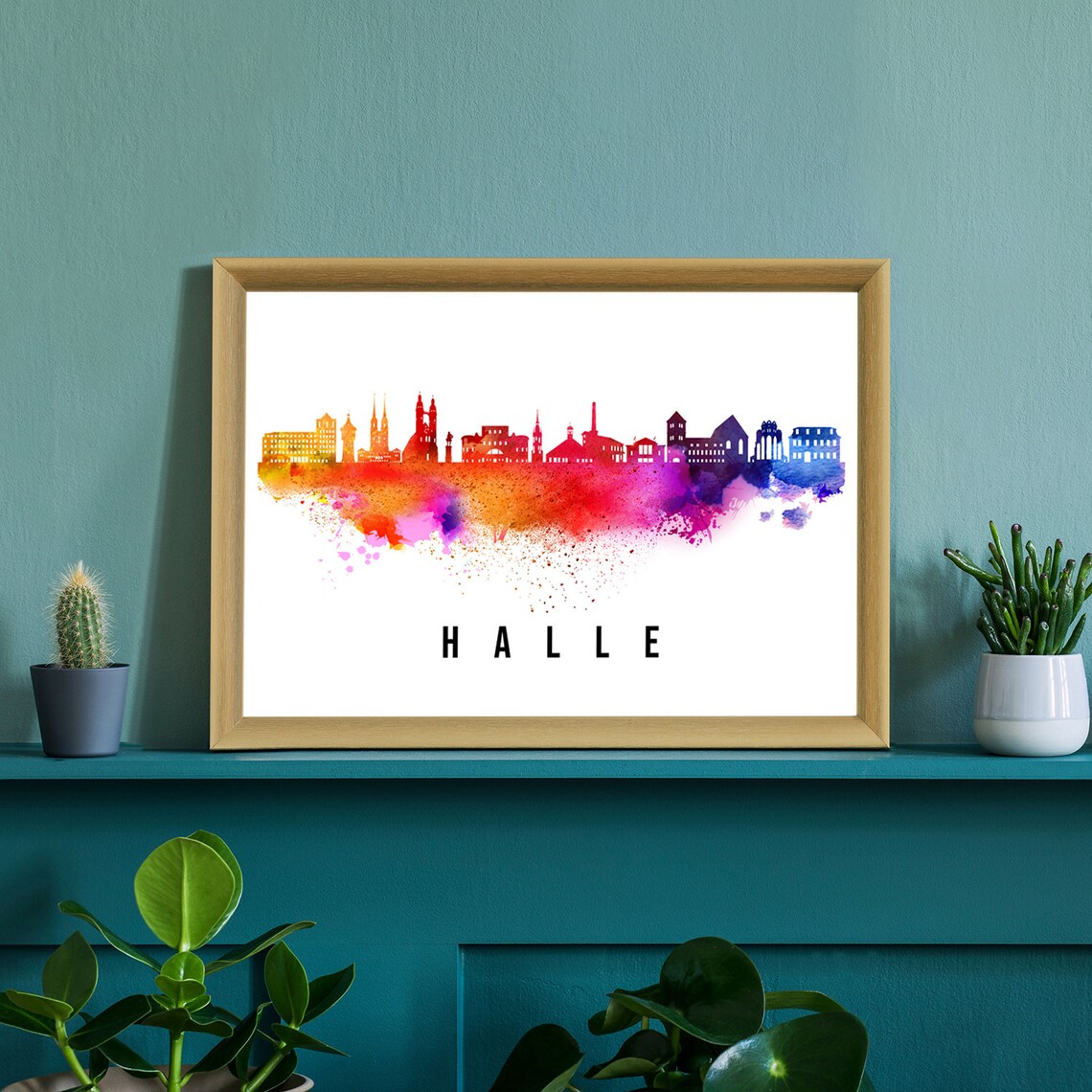 Halle Belgium Rainbow Watercolor Skyline Old Town Silhouette Art - Image 2