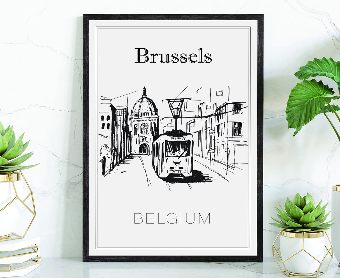 Brussels Belgium Hand Drawn Tram Sketch Black White City Travel Poster