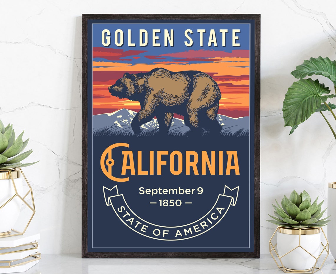 California Golden State Grizzly Bear Sunset Retro State Travel Poster