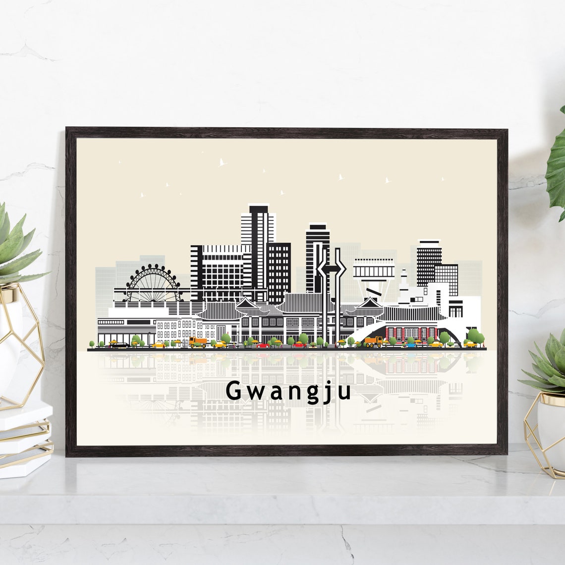 Gwangju South Korea Modern Flat Vector Skyline Cityscape Travel Poster