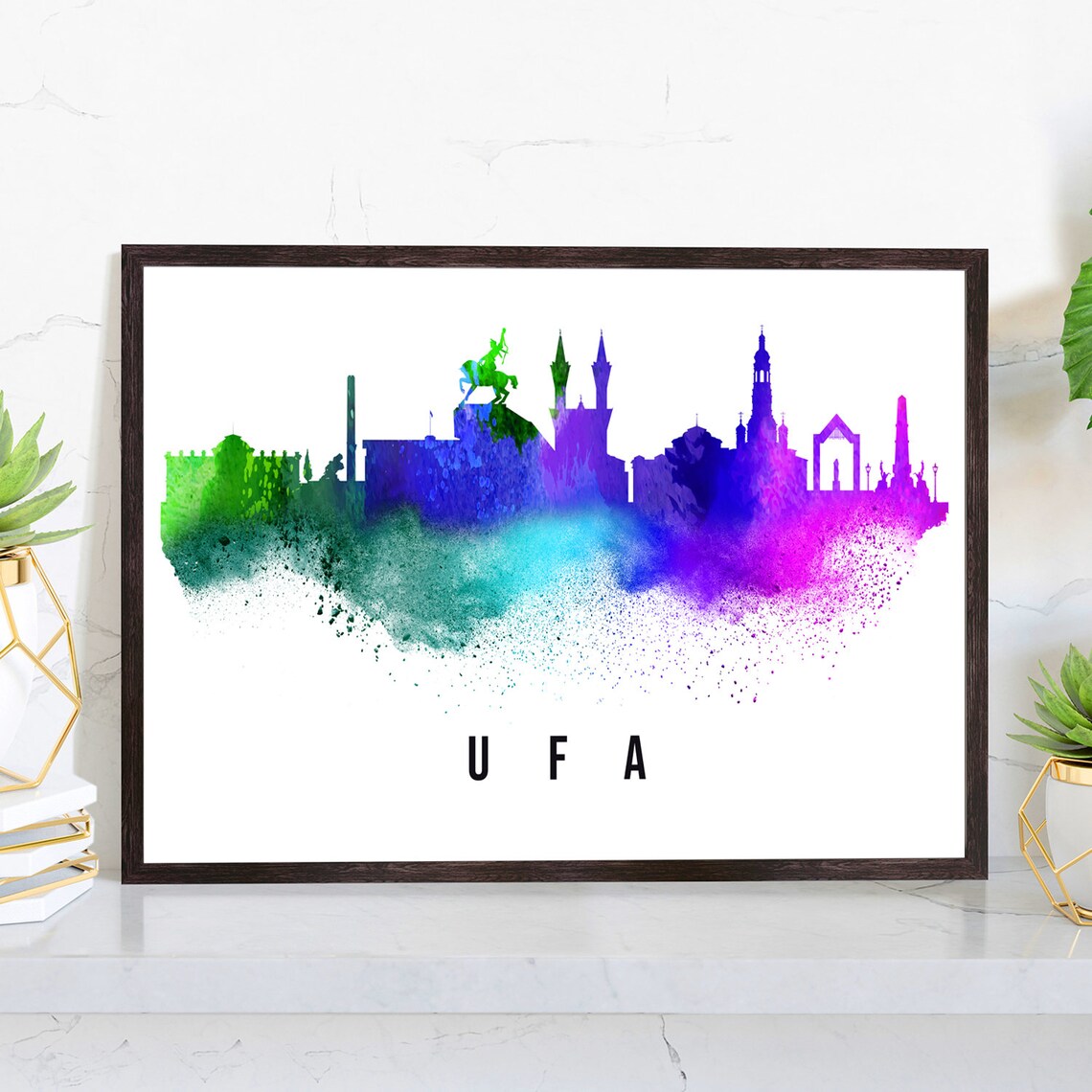 Ufa Russia Watercolor Skyline Green Purple Gradient Cityscape Poster