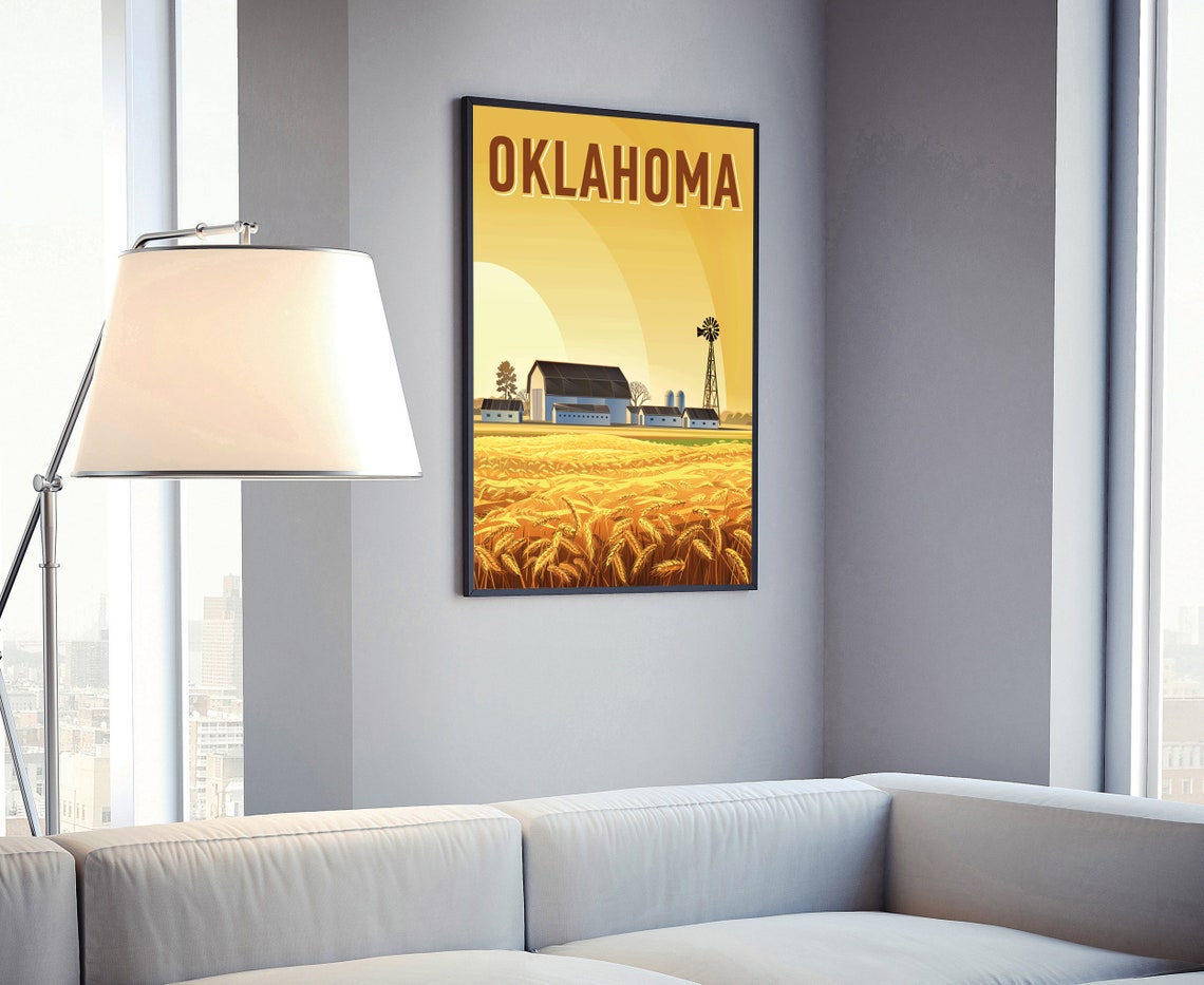 Oklahoma Golden Wheat Field Barn Windmill Vintage Travel Poster Print - Image 4