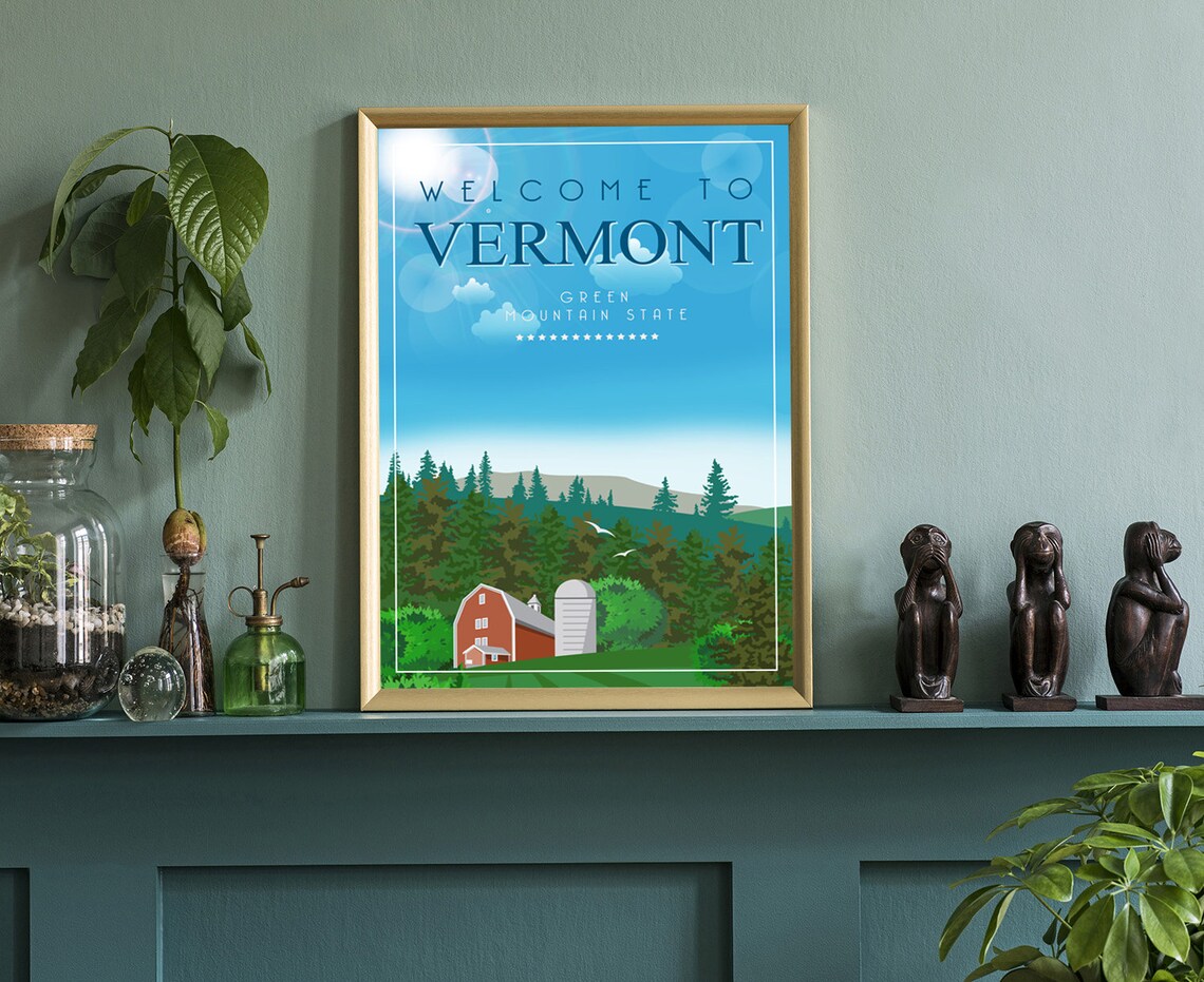 Vermont Green Mountain State Red Barn Country Scene Travel Poster - Image 3