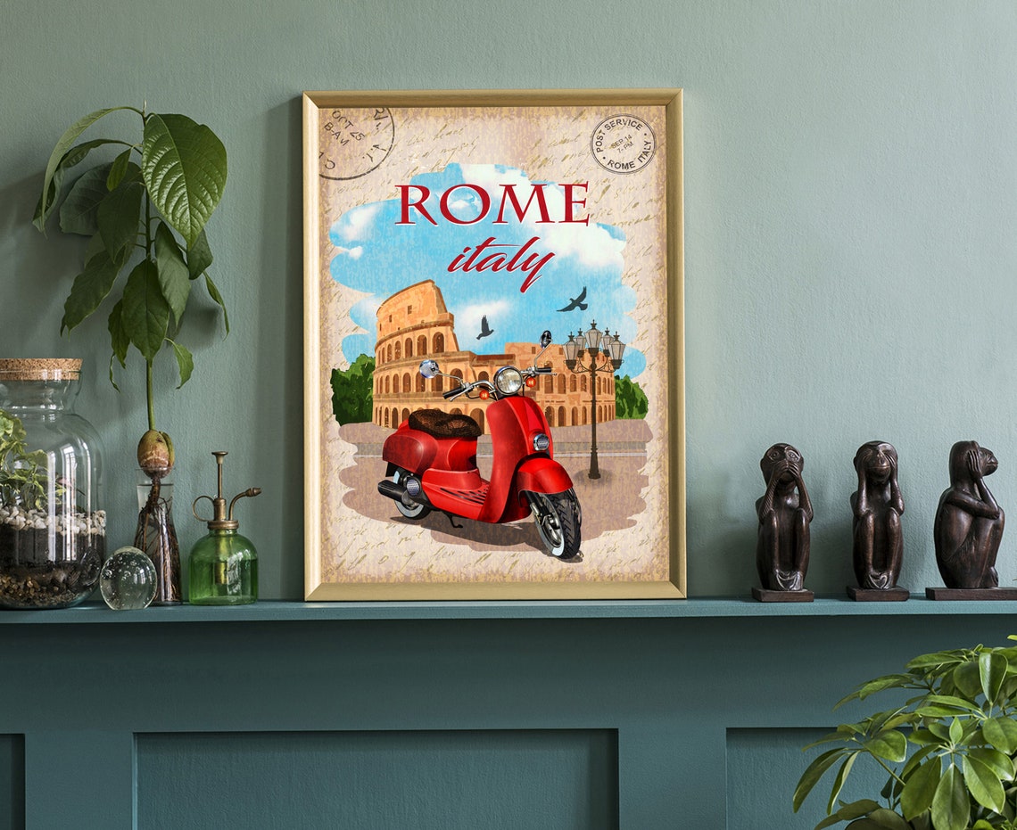 Rome Italy Vintage Colosseum Red Vespa Scooter Postcard Travel Poster - Image 3