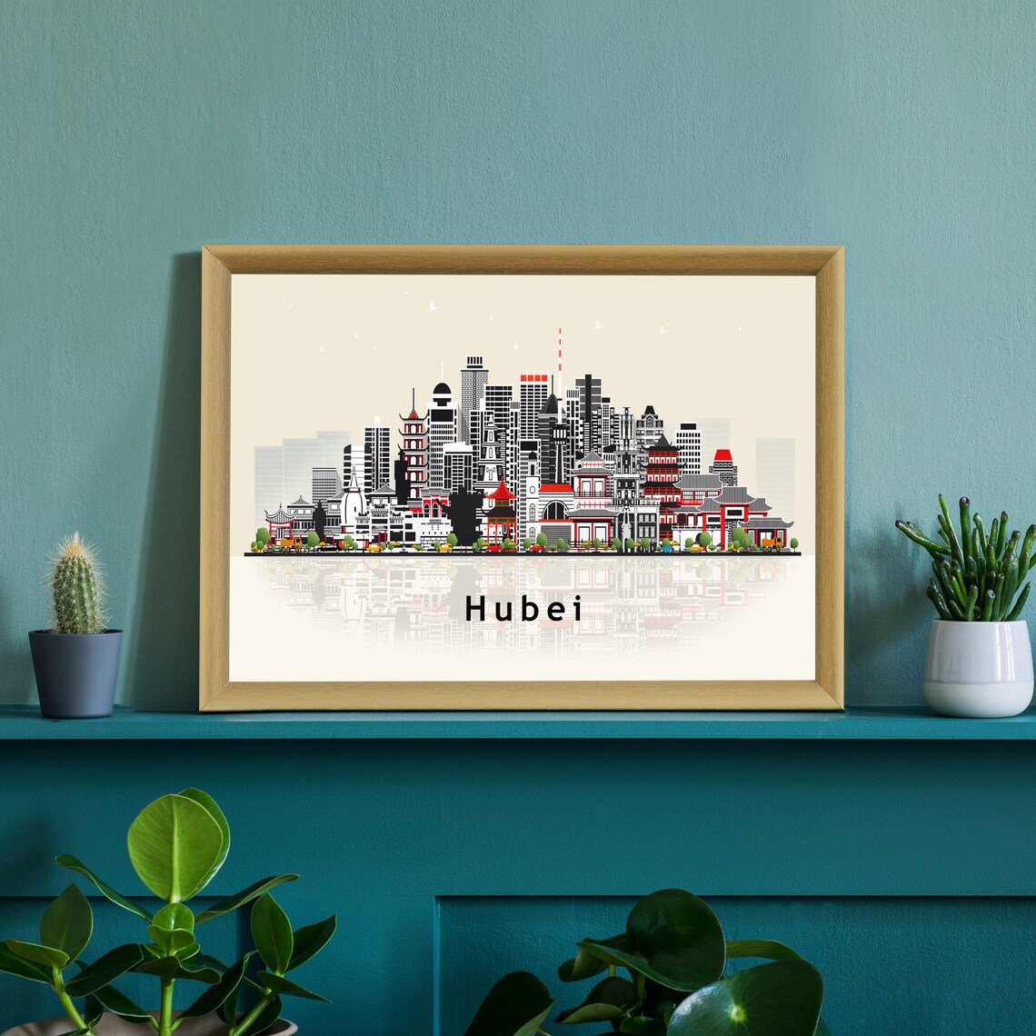 Hubei China Pagoda Temple Flat Vector Skyline Cityscape Travel Poster - Image 2