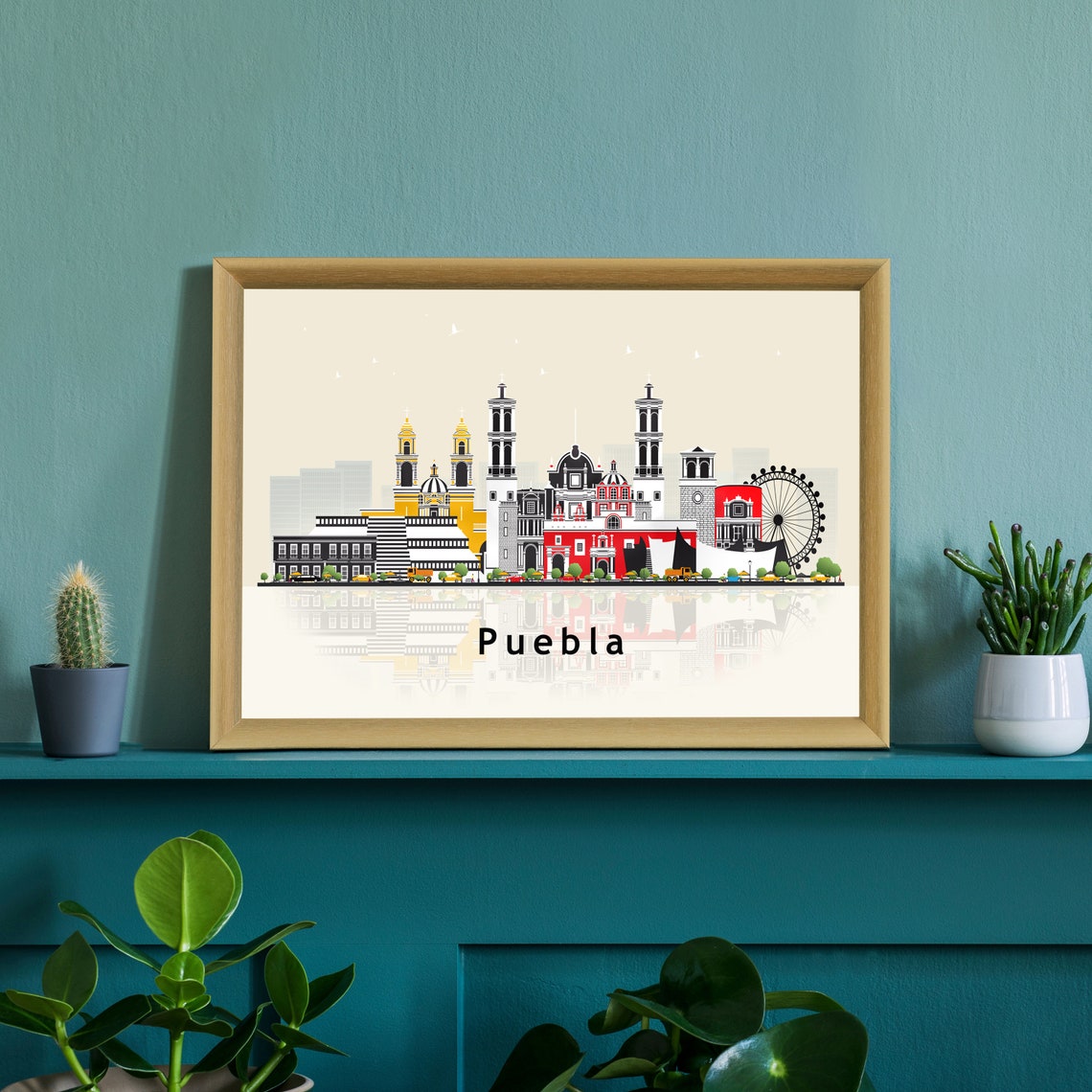 Puebla Mexico Cathedral Skyline Illustration Reflection Wall Art - Image 2