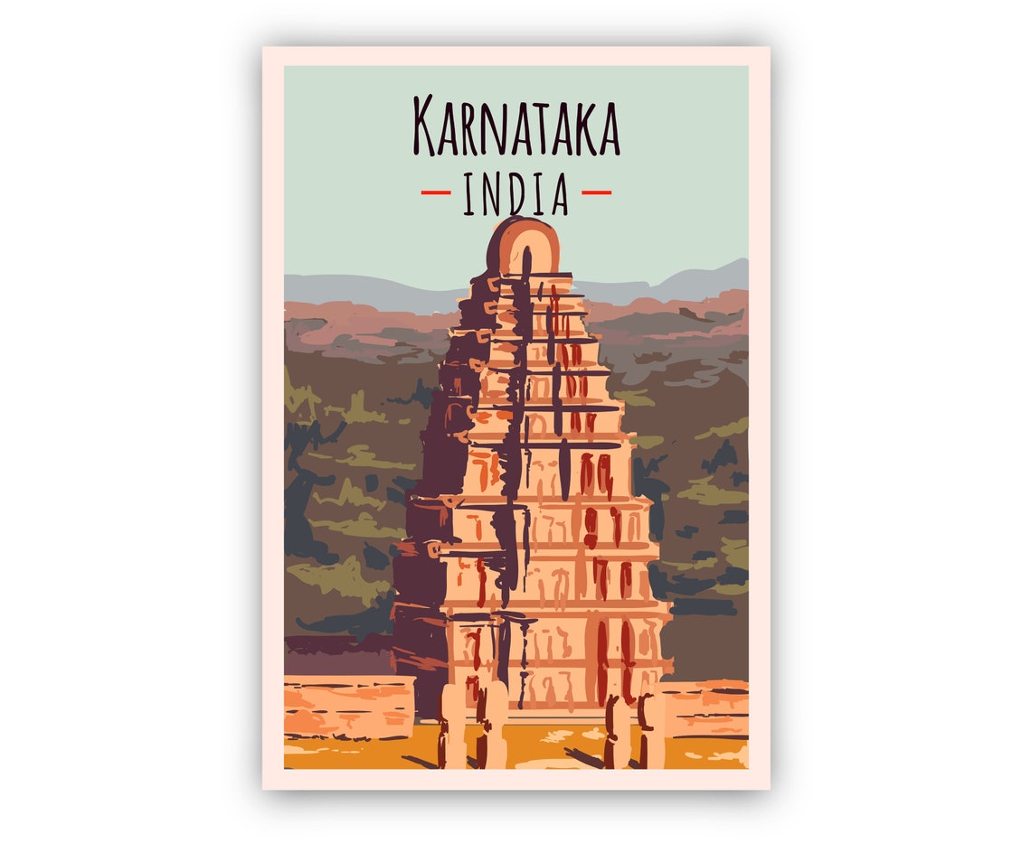 Karnataka India Ancient Temple Tower Landmark Retro Travel Poster - Image 2