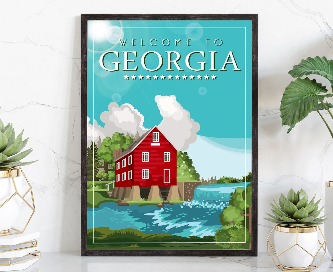 Welcome to Georgia Retro Red Barn Watermill Waterfall Travel Poster