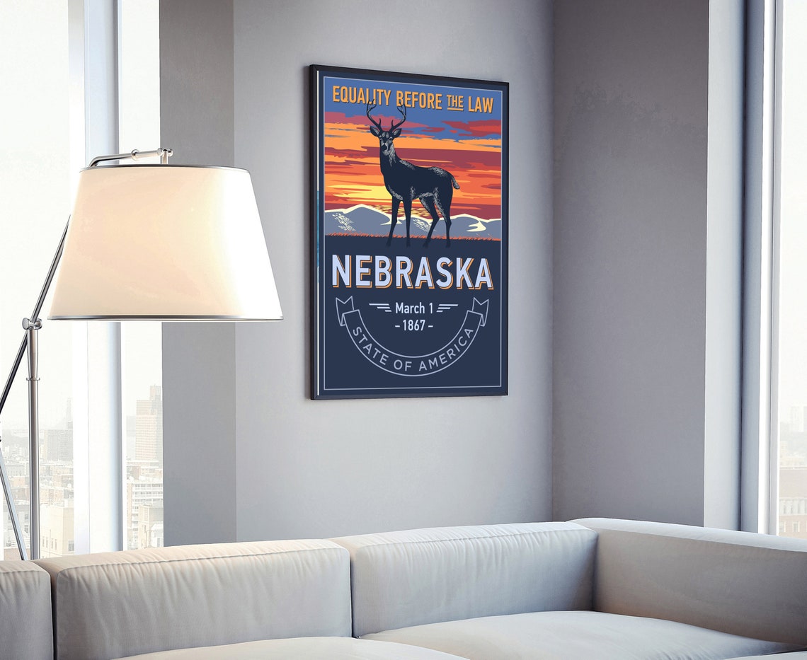 Nebraska Equality Before The Law Retro Deer Sunset State Emblem Poster - Image 4