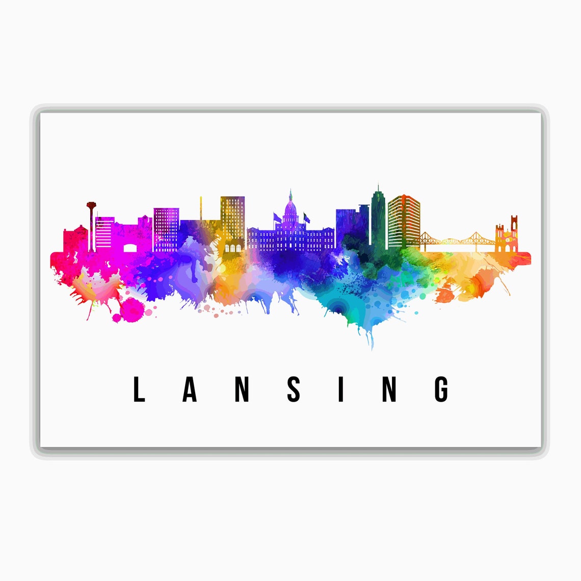 Lansing Michigan Rainbow Watercolor Skyline Cityscape Art Poster - Image 2