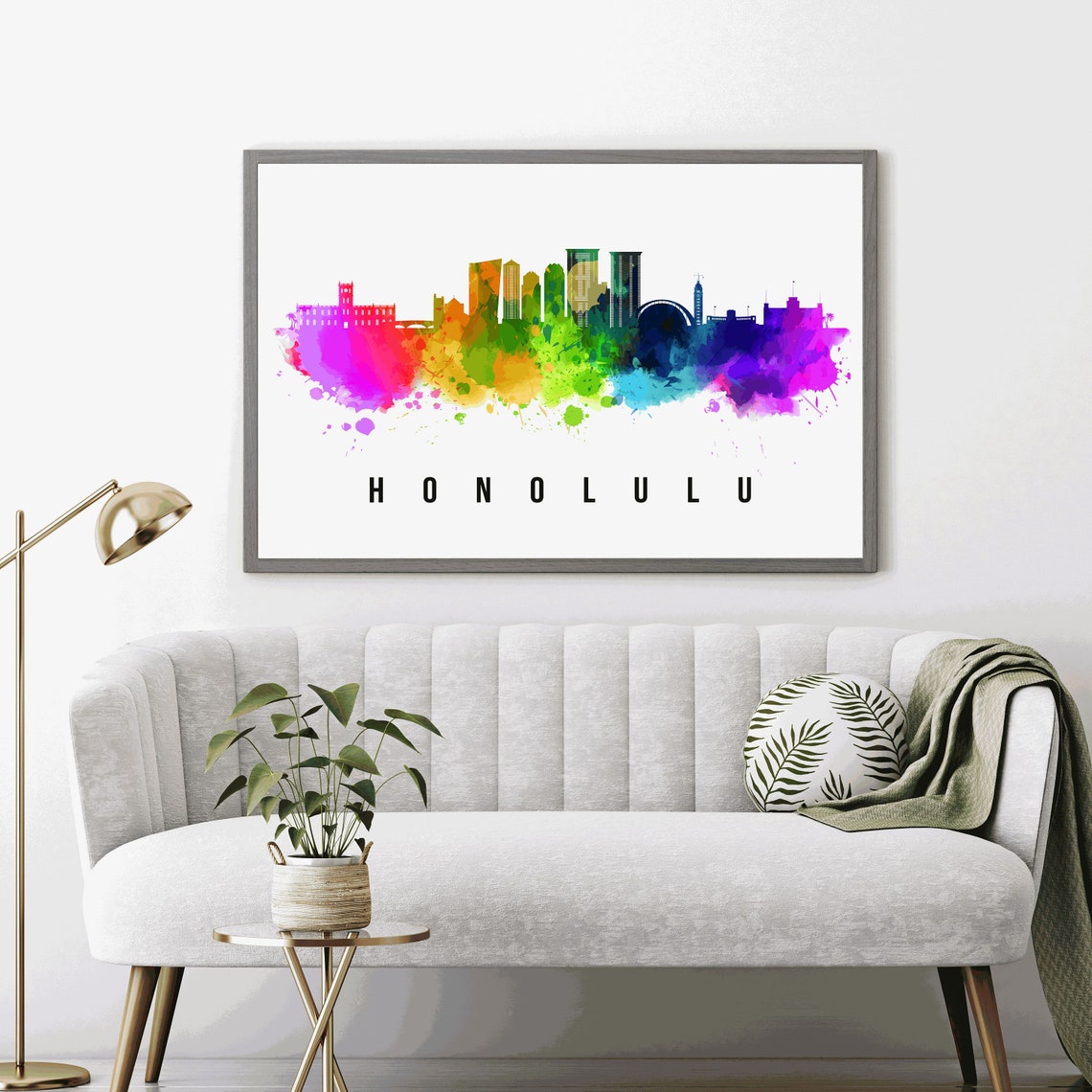 Honolulu Hawaii Rainbow Watercolor Skyline Cityscape Art Poster - Image 3