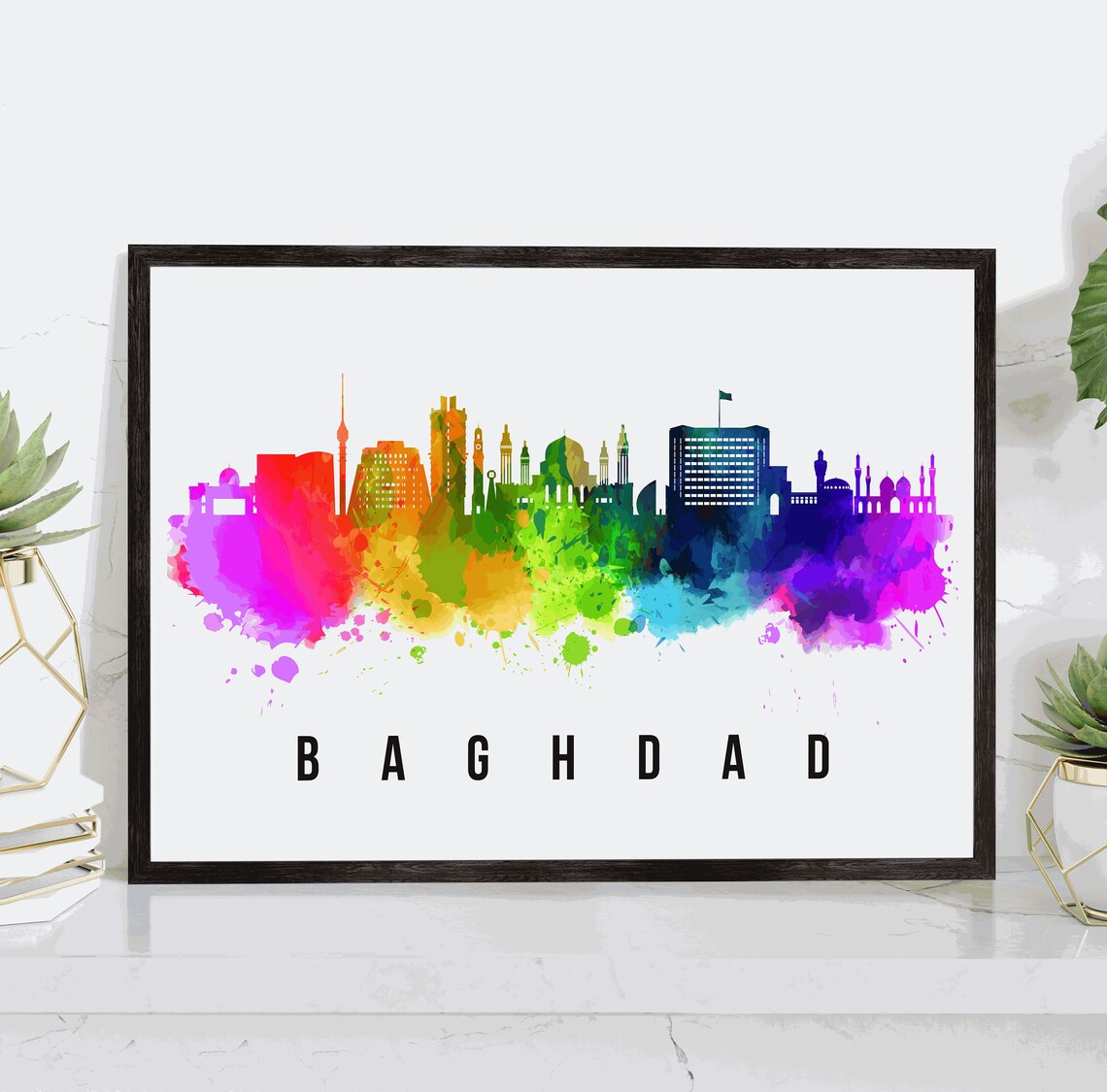 Baghdad Iraq Rainbow Watercolor Minarets Skyline City Poster