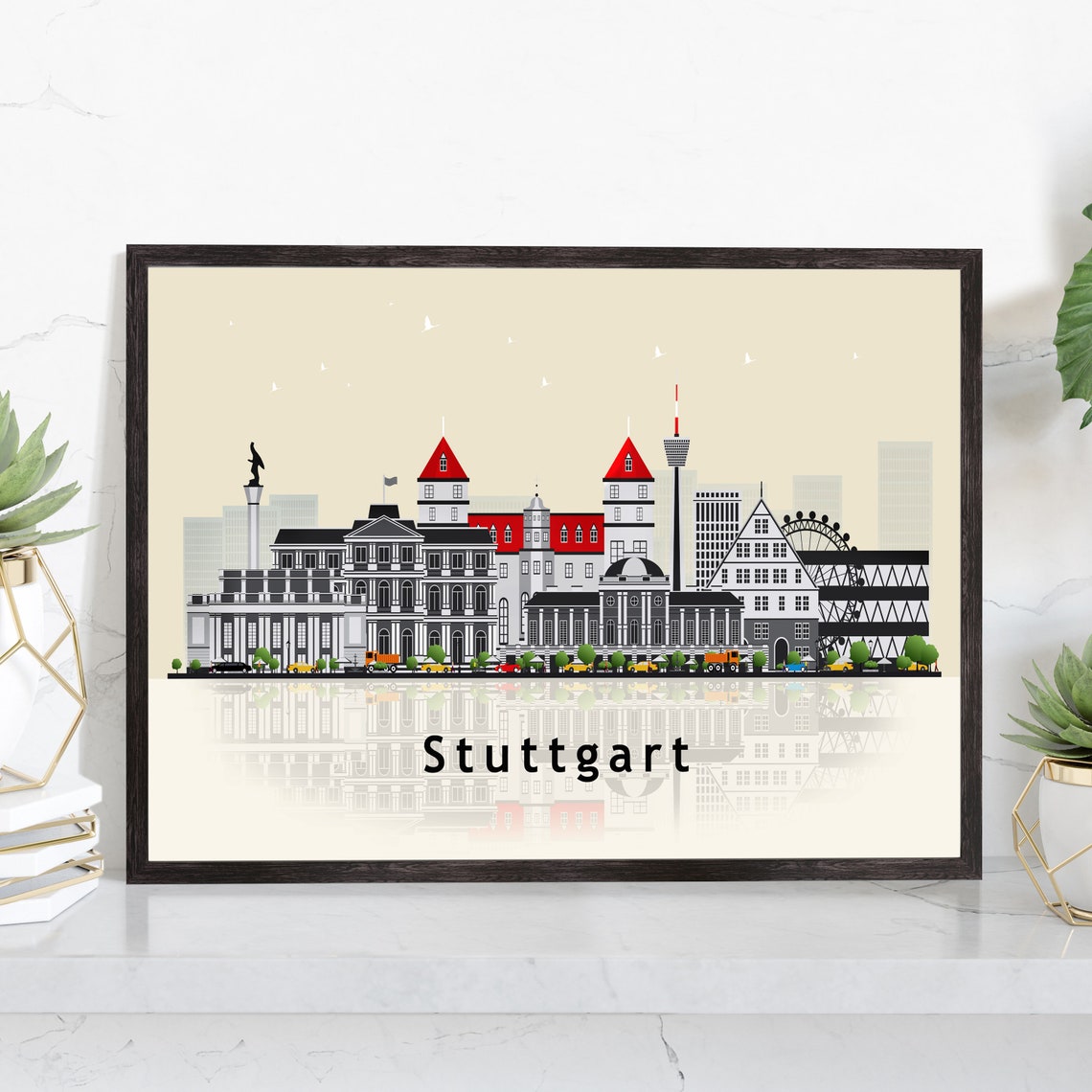 Stuttgart Germany TV Tower Flat Vector Skyline Cityscape Travel Poster