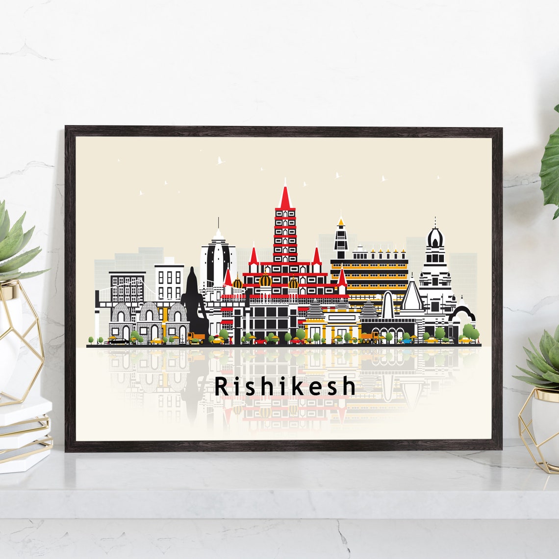 Rishikesh India Temple Skyline Illustration Landmarks Travel Poster