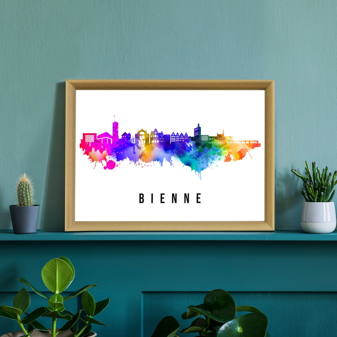 Bienne Switzerland Rainbow Watercolor Skyline Cityscape Poster - Image 2