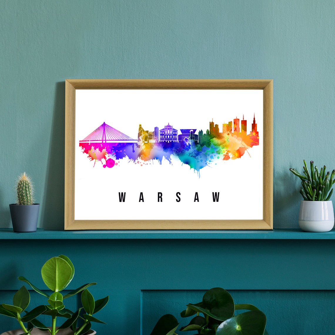 Warsaw Poland Bridge Skyline Rainbow Watercolor Travel Poster - Image 2