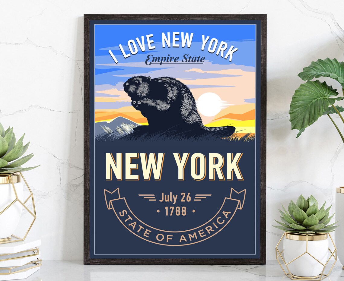 New York Empire State Statue of Liberty Sunset Wall Art Poster