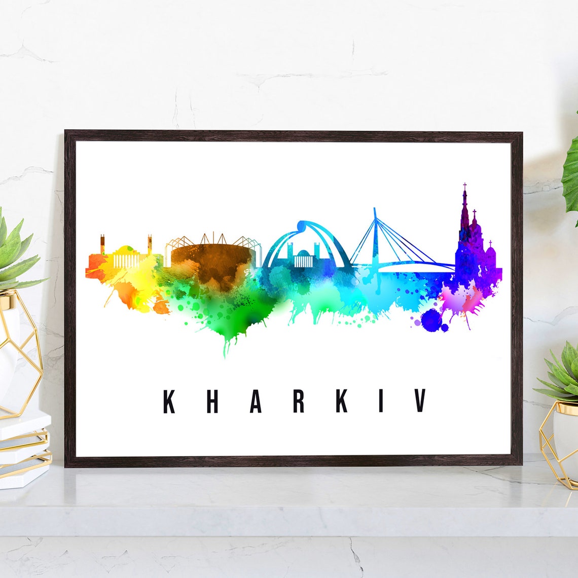 Kharkiv Ukraine Skyline Watercolor Poster with Historic Landmarks View