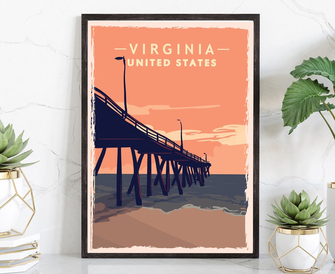 Virginia United States Ocean Pier Sunset Beach Vintage Travel Poster